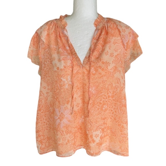 House of Harlow 1960 Peach Blush Pink Floral Print Tie Neck Ruffle Sleeve Top  M - Picture 15 of 15